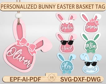 Personalized Bunny Easter Basket Tag Lasercut Svg, Easter Tag Name, Easter Basket Name Charm Kid, Easter Basket Child Gift, Glowforge Files