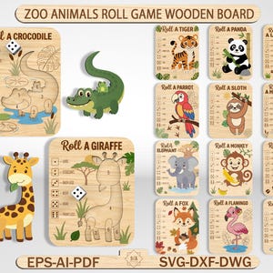 May include: A collection of wooden game boards featuring zoo animals including a crocodile, giraffe, tiger, panda, lion, parrot, sloth, hippo, elephant, monkey, zebra, fox, flamingo, and frog. Each board includes dice roll instructions and illustrations.