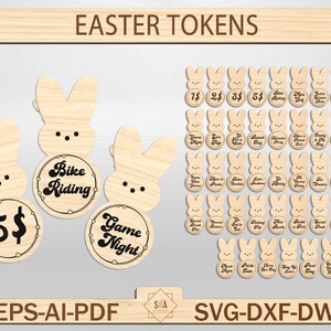 ハッピーイースターデー バニートークン レーザーカット SVG、イースターリワードトークン SVG、ピープエッグフィラー、キッズ用雑用トークン、木製イースターコイン、Glowforge