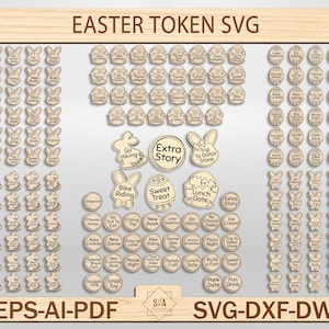 Fichas de Pascua cortadas con láser en formato Svg, fichas de recompensa de Pascua en formato Svg, rellenos de huevos de Pascua, premios de huevos de Pascua, monedas de madera de Pascua, Glowforge
