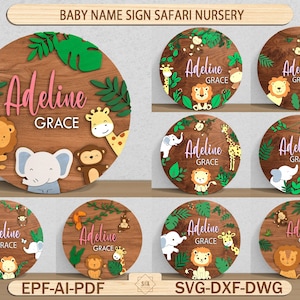 Letrero con nombre para bebé Safari Nursery, archivo digital con animales Glowforge para bebé niño niña, cortado con láser, redondo con nombre Safari Nursery, Glowforge