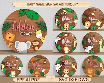 Baby Name Sign Safari Nursery, Baby Boy Girl Glowforge Animals Digital File, Laser Cut, Safari Nursery Name Round, Glowforge