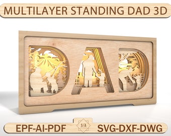 Puede incluir: Un letrero de madera en 3D de varias capas con la palabra "DAD" recortada. El letrero presenta una silueta de un padre y un hijo pescando, un padre y un hijo caminando y un padre y un hijo jugando. El letrero está iluminado desde atrás, creando un brillo cálido.