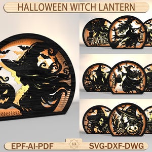 May include: Wooden Halloween witch lantern with a silhouette of a witch, bats, and a jack-o'-lantern. The lantern has a black and orange color scheme. The text "HALLOWEEN WITCH LANTERN" is at the top. The image also shows other lantern designs.