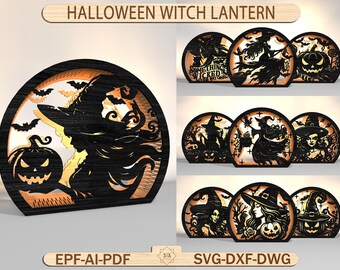 May include: Wooden Halloween witch lantern with a silhouette of a witch, bats, and a jack-o'-lantern. The lantern has a black and orange color scheme. The text "HALLOWEEN WITCH LANTERN" is at the top. The image also shows other lantern designs.