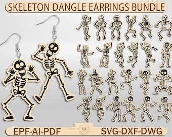 Skelet bungel oorbellen bundel SVG, Halloween hangende skelet oorbellen, Spooky oorbellen Svg, laser oorbellen bestanden, Glowforge bestanden
