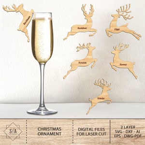 Personalisierte Weihnachten Rentier Weinglas Charme svg, Hirsch Ortsnamen svg, Weihnachtsgeschenk svg, Weinglas Namensschilder svg, Glowforge Laser svg