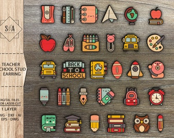 Op de afbeelding: Een set van 25 kleurrijke SVG-bestanden met schoolthema voor lasersnijden. De ontwerpen omvatten een schoolbus, een appel, een aardbol, een potlood en meer. De tekst "Terug naar school" is in het ontwerp opgenomen.