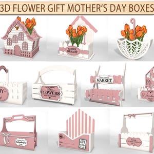 Cajas de regalo de flores 3D para el Día de la Madre, Porta ramos de flores rústicos, Regalo para el Día de la Madre, Cesta de almacenamiento de flores de madera Archivo cortado con láser