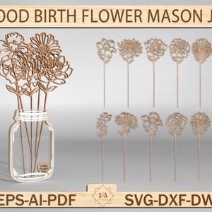 Happy Mother's Day Lasercut bestand Svg, houten geboorte bloem Mason Jar Svg, houten cadeau voor moeder Svg, bloem houder Svg, oma cadeau Svg, Glowforge