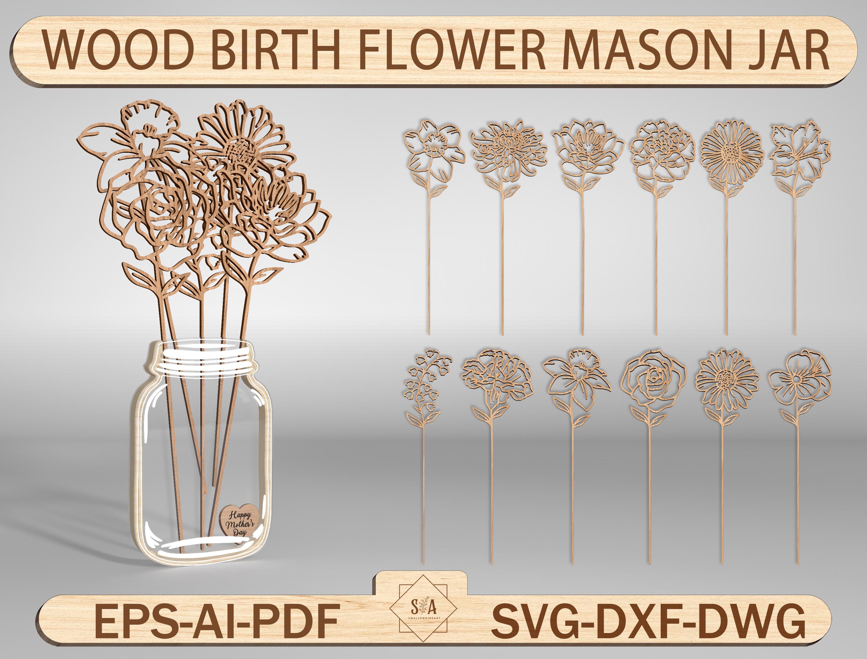 Happy Mother's Day Lasercut bestand Svg, houten geboorte bloem Mason Jar Svg, houten cadeau voor moeder Svg, bloem houder Svg, oma cadeau Svg, Glowforge