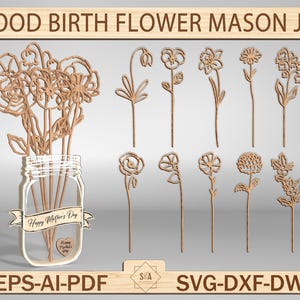 Holz Geburtsblume Mason Jar svg, Muttertagsgeschenk, Mason Jar svg, Muttertagsgeschenk, Mason Jar svg, Blumenhalter svg, Omas Garten svg