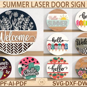 Summer Door Sign SVG Bundle, Hello Summer Welcome Sign Laser Cut Files Svg, DXF PDF Glowforge Files for Summer Decor