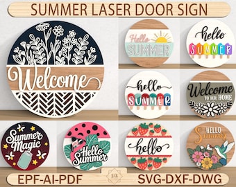 Sommer Türschild SVG Bundle, Hallo Sommer Willkommensschild Laser Cut Dateien svg, DXF PDF Glowforge Dateien für Sommer Dekor