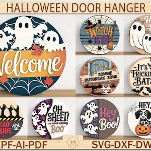 以下が含まれることがあります： ハロウィーンをテーマにした木製のドアハンガーのコレクション。デザインには、幽霊、コウモリ、「Welcome」、「Hey Boo」、「Zombie Outbreak Zone」などのフレーズが含まれています。ハンガーは丸く、さまざまな配色と装飾要素があります。