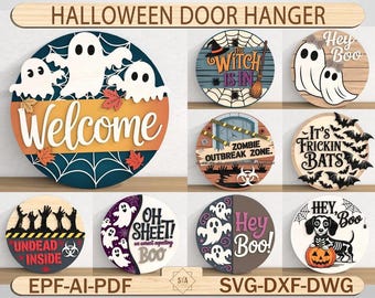 May include: A selection of Halloween door hangers made of wood. The designs feature ghosts, bats, and phrases such as "Welcome," "Hey Boo," and "Zombie Outbreak Zone." The round hangers have different colours and decorative features.