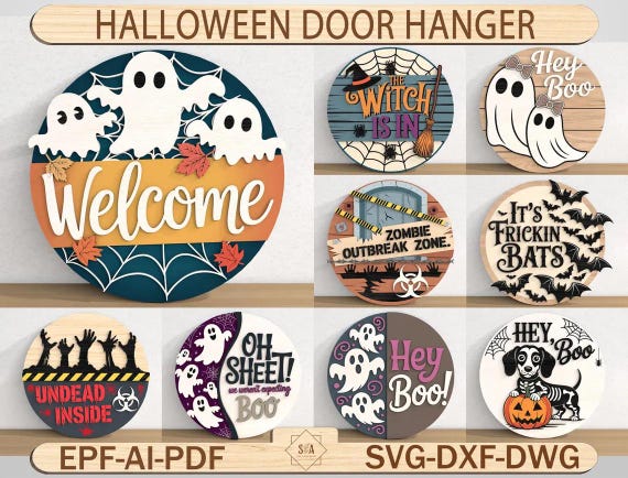 Halloween Door Hanger SVG, Halloween Sign, Halloween Welcome Sign, Spooky Season Door Hanger, Ghost Zombie Witch Bat Laser Cut Glowforge