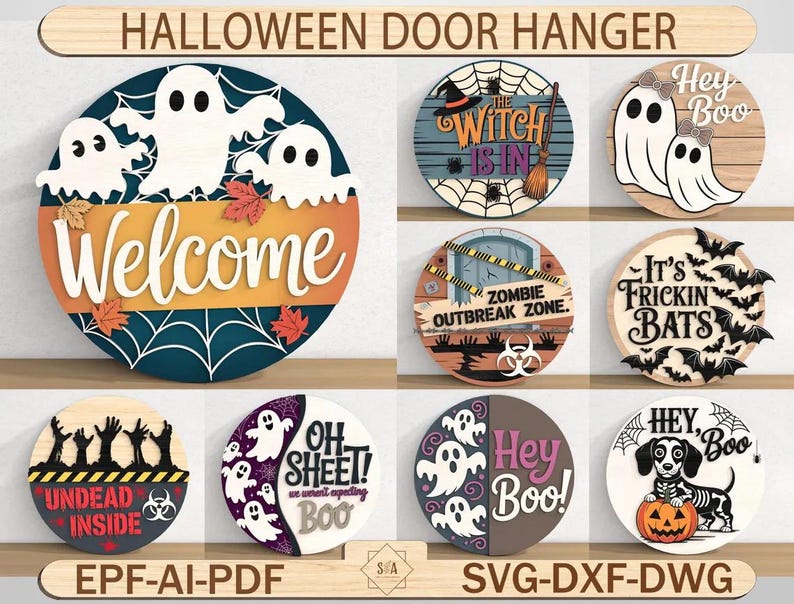 以下が含まれることがあります： ハロウィーンをテーマにした木製のドアハンガーのコレクション。デザインには、幽霊、コウモリ、「Welcome」、「Hey Boo」、「Zombie Outbreak Zone」などのフレーズが含まれています。ハンガーは丸く、さまざまな配色と装飾要素があります。