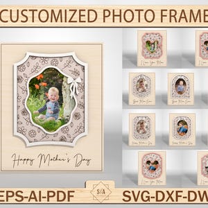 Fichier de coupe cadre photo naissance bébé, cadre photo floral vintage, aimant pour réfrigérateur fête des mères, fichier découpé au laser, téléchargement numérique SVG