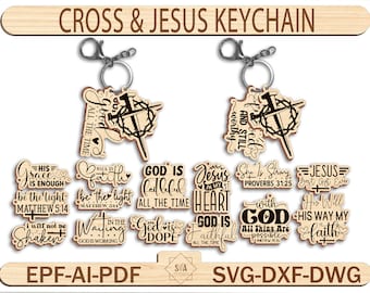 Portachiavi con croce e Gesù in formato SVG, portachiavi con Gesù tagliato al laser, file SVG per portachiavi cristiani, portachiavi con fede in formato SVG, file vettoriale per taglio laser