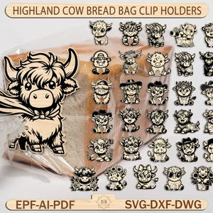 Puede incluir: Soportes de clip para bolsas de pan de madera con diseños de vaca de las Tierras Altas. La imagen muestra varios clips con forma de vaca, algunos con accesorios, y el texto "HIGHLAND COW BREAD BAG CLIP HOLDERS". Los clips se muestran con una barra de pan.