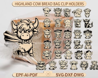 Highland Cow brödpåse klämma hållare SVG-filer, söt ko påse hållare Svg, laserskurna filer för Glowforge Cricut kök klämma Svg