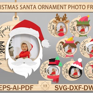 2024 personalisierte Babys erste Weihnachten Fotorahmen Ornament svg, Weihnachtscharakter Bildhalter svg, frohe Weihnachten Lasercut-Datei svg