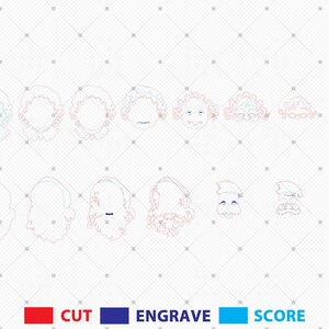 May include: A digital design file featuring various outline illustrations of Santa Claus faces and hair styles. The image includes a legend at the bottom with red text labeled CUT, dark blue text labeled ENGRAVE, and light blue text labeled SCORE.