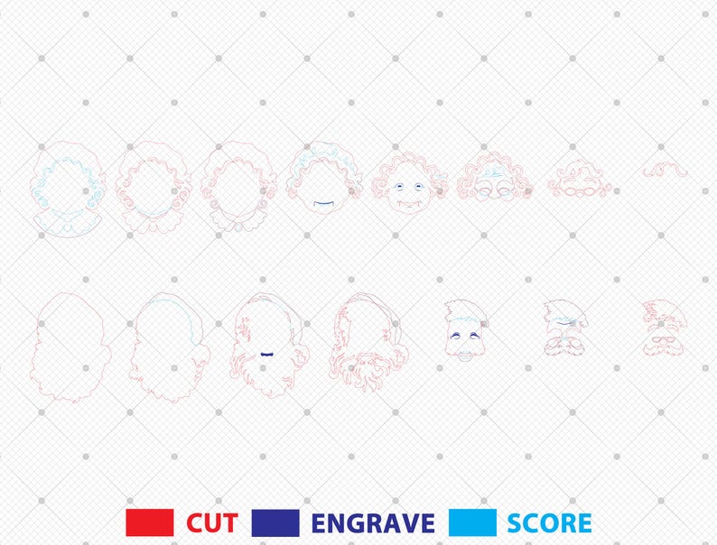 May include: A digital design file featuring various outline illustrations of Santa Claus faces and hair styles. The image includes a legend at the bottom with red text labeled CUT, dark blue text labeled ENGRAVE, and light blue text labeled SCORE.