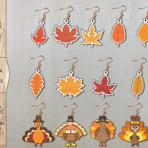 Thanksgiving Earrings Bundle SVG , Fall Leaf Earrings , Laser Earrings Files , Glowforge Files , Autumn Leaf Earrings , Turkey Earrings