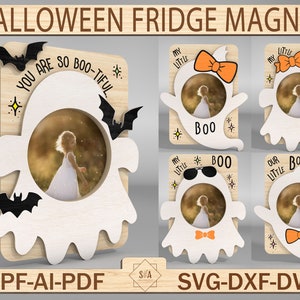 Halloween mignon fantôme réfrigérateur aimant cadre photo Svg, Halloween panneau en bois, fichier de cadre fantôme, cadeau Halloween, Halloween Boo Svg, fichier laser prêt