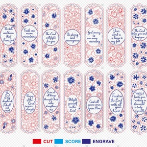 May include: A collection of laser-cut bookmarks with floral designs and inspirational quotes. The bookmarks feature red and blue floral patterns with phrases like "Be still and know that I am God."