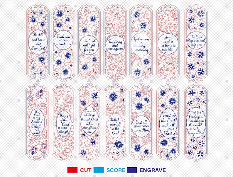 May include: A collection of laser-cut bookmarks with floral designs and inspirational quotes. The bookmarks feature red and blue floral patterns with phrases like "Be still and know that I am God."