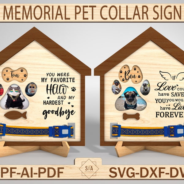 Personalized Pet Memorial Stand Decor Lasercut Svg,Memorial Wood Frame With Collar Holder,Dog Memorial Gift,Glowforge Pet Svg,Digital File