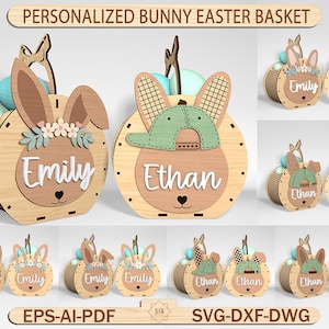 May include: Wooden Easter baskets shaped like bunnies, personalized with names. The baskets have bunny ears, floral accents, and a heart-shaped nose. The text "PERSONALIZED BUNNY EASTER BASKET" is at the top. The baskets are filled with blue and green eggs.