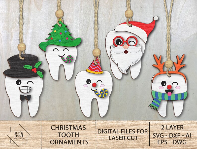 May include: Set of five Christmas tooth ornaments, each with a different festive design. The ornaments are made of wood and feature a white tooth with a smiling face. The designs include a snowman, Santa Claus, a reindeer, a Christmas tree, and a party hat. The ornaments are two-layered and come in SVG, DXF, AI, EPS, and DWG file formats.