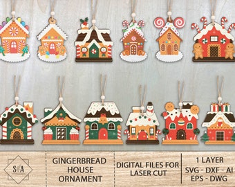 Adornos de casa de jengibre SVG, adornos familiares, adornos navideños, archivos Glowforge, archivos cortados con láser