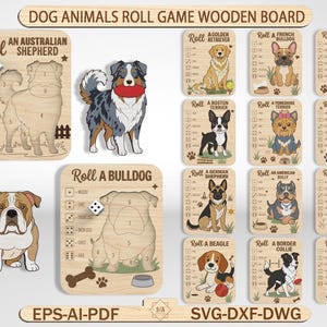Puede incluir: Una colección de tableros de juego de madera titulados DOG ANIMALS ROLL GAME WOODEN BOARD, que muestran varias razas de perros como el pastor australiano, bulldog, golden retriever y otros. Cada tablero incluye un contorno numerado de un perro.