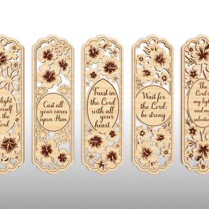 May include: Five wooden bookmarks with floral cutouts and inspirational quotes. Each bookmark features a different design with text such as "Delight yourself in the Lord" and "Trust in the Lord with all your heart."
