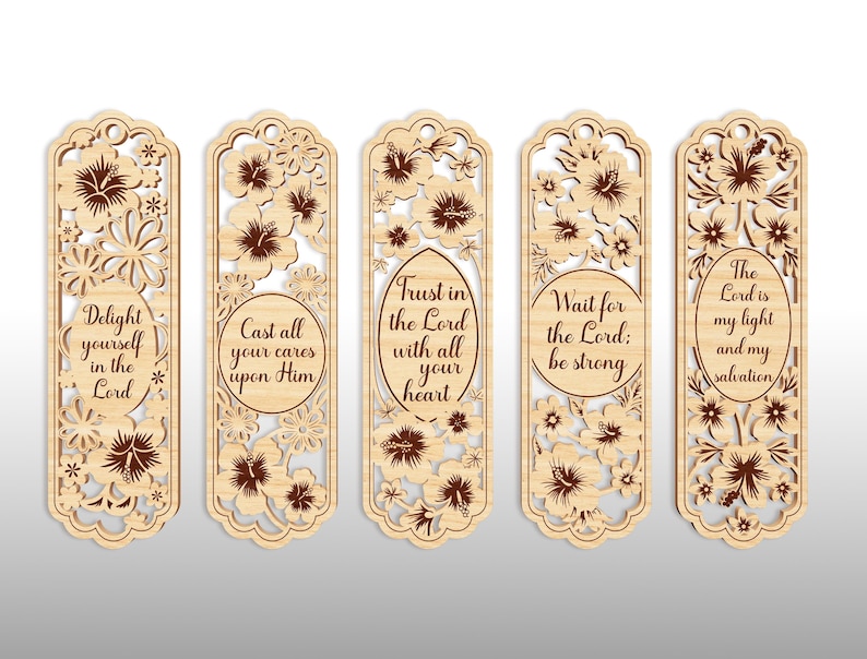 May include: Five wooden bookmarks with floral cutouts and inspirational quotes. Each bookmark features a different design with text such as "Delight yourself in the Lord" and "Trust in the Lord with all your heart."