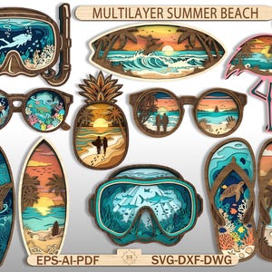 May include: A collection of multilayered wooden laser-cut designs featuring summer beach themes, including a snorkel mask, surfboard, flamingo, sunglasses, pineapple, and flip-flops. The text MULTILAYER SUMMER BEACH and EPS-AI-PDF SVG-DXF-DWG is visible.