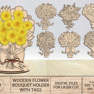 Houten bloemboeket houder met tags Svg, bloemboeket geschenk aan mama, cadeau voor oma, bloemstuk houder Glowforge lasersnijden