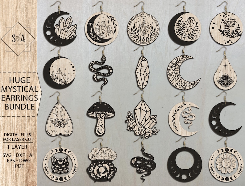 May include: A set of 18 digital files for laser cutting earrings. The earrings feature a variety of mystical and celestial designs, including moons, crystals, snakes, and flowers. The designs are all black and white and are perfect for creating unique and stylish earrings.