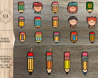 Pencil Earrings Bundle  SVG , Teacher Earrings , Laser Earrings Files , Glowforge Files , Pencil Stud Earring SVG
