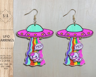 Alien Ship Beaming Up Cow Earrings Svg, UFO Earrings Laser File, UFO Funny Earrings Cutting File SVG