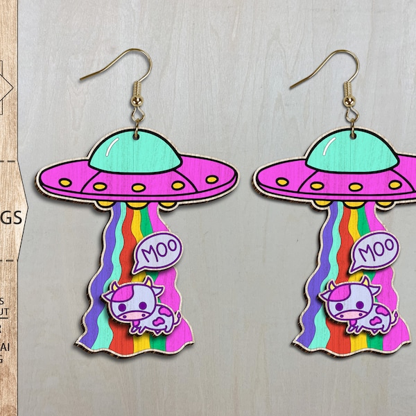 Alien Ship Beaming Up Cow Earrings Svg, UFO Earrings Laser File, UFO Funny Earrings Cutting File SVG