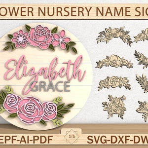 3D bloem kwekerij naam teken Svg, bloem 3D houten teken, decor van de meisjeskwekerij, kinderkamer kunst aan de muur, houten babynaam teken, Glowforge Laser gesneden bestand