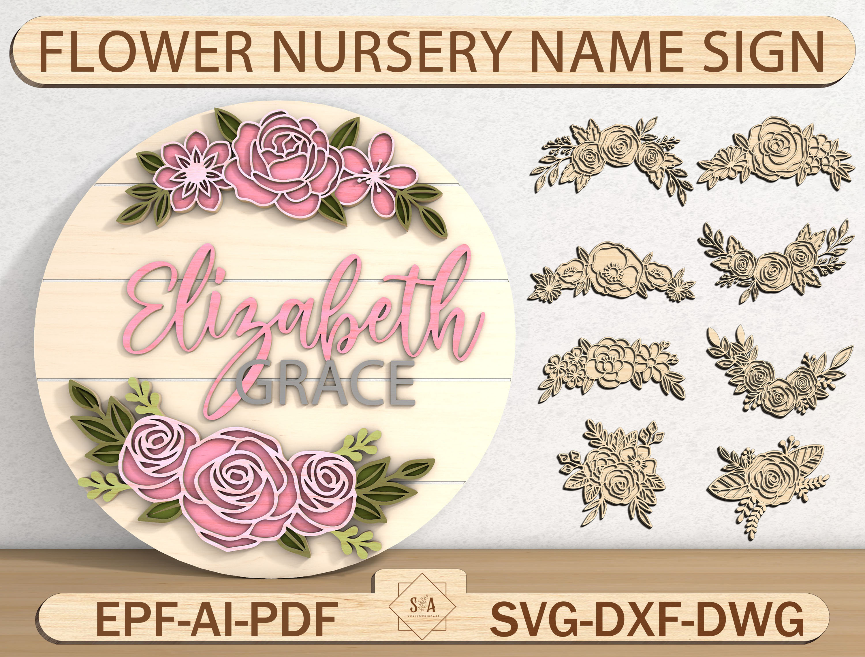 3D Flower Nursery Name Sign Svg, Flower 3D Wooden Sign, Girl Nursery Decor, Nursery Wall Art, Wood Baby Name Sign, Glowforge Laser Cut File