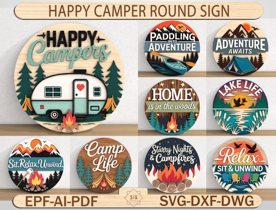 Camping Round Sign SVG Bundle, Camper Adventure Sign , Outdoor Campfire Decor , Laser Cut Files for Wood 3mm