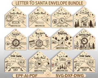 Könnte beinhalten: Ein Bündel hölzerner Umschlag-Ornamente mit verschiedenen Weihnachtsmotiven. Jedes Ornament trägt die Worte "Santa Mail" oder "Dear Santa" zusammen mit festlichen Bildern wie Rentieren, Bäumen und Schneeflocken. Der Text "Christmas List" ist ebenfalls vorhanden.
